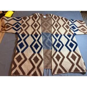 Wonderly Geometric Cardigan Sweater Women’s L/XL Brown Tan Blue Open Front Knit